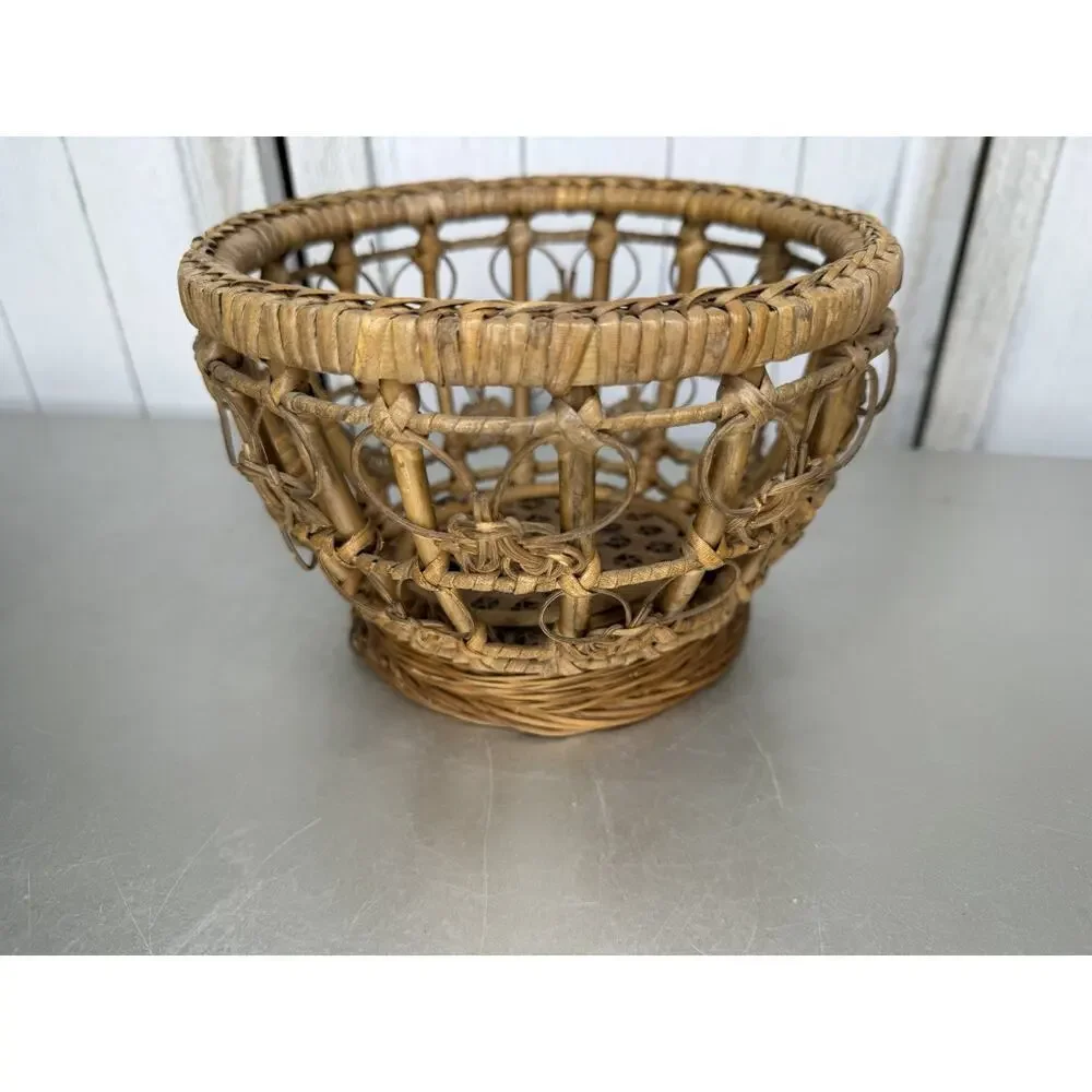 Vintage Basket Wicker Rattan Woven Floral Intricate Primitive Small